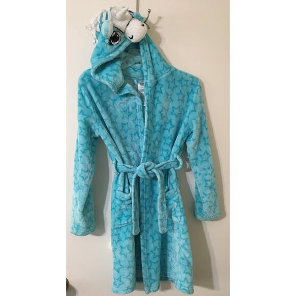 Jelli Fish Kids L 10/12 Blue Unicorn Robe with Pockets & Tie Hang Loop - Picture 2 of 4